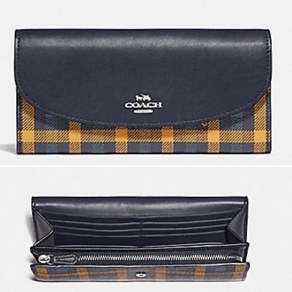 NWT Coach Leather Canvas Envelope Wallet with Gingham Print Blue Yellow - Picture 2 of 9